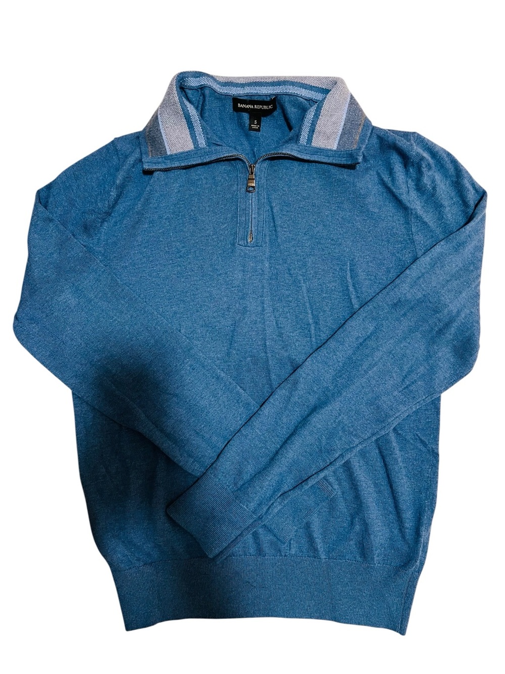 Banana Republic Men’s Blue Half-Zip Sweater with Striped Collar Accent Cotton S